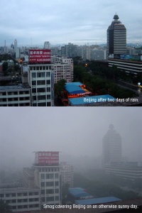 Пекин: верхняя фото - Пекин после двух суток дождей;нижняя-в обычный солнеченый день.
